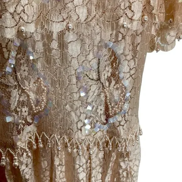 Vintage 1990s Rina di’Montella Silk Lace Overlay Beaded Dress Size 8 Nude Pink - Picture 9 of 16